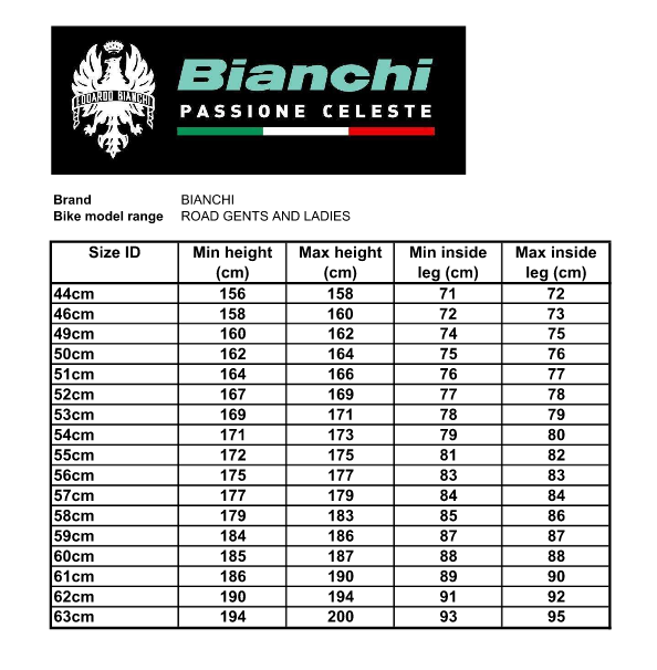 Size Chart - Bianchi Road Bikes